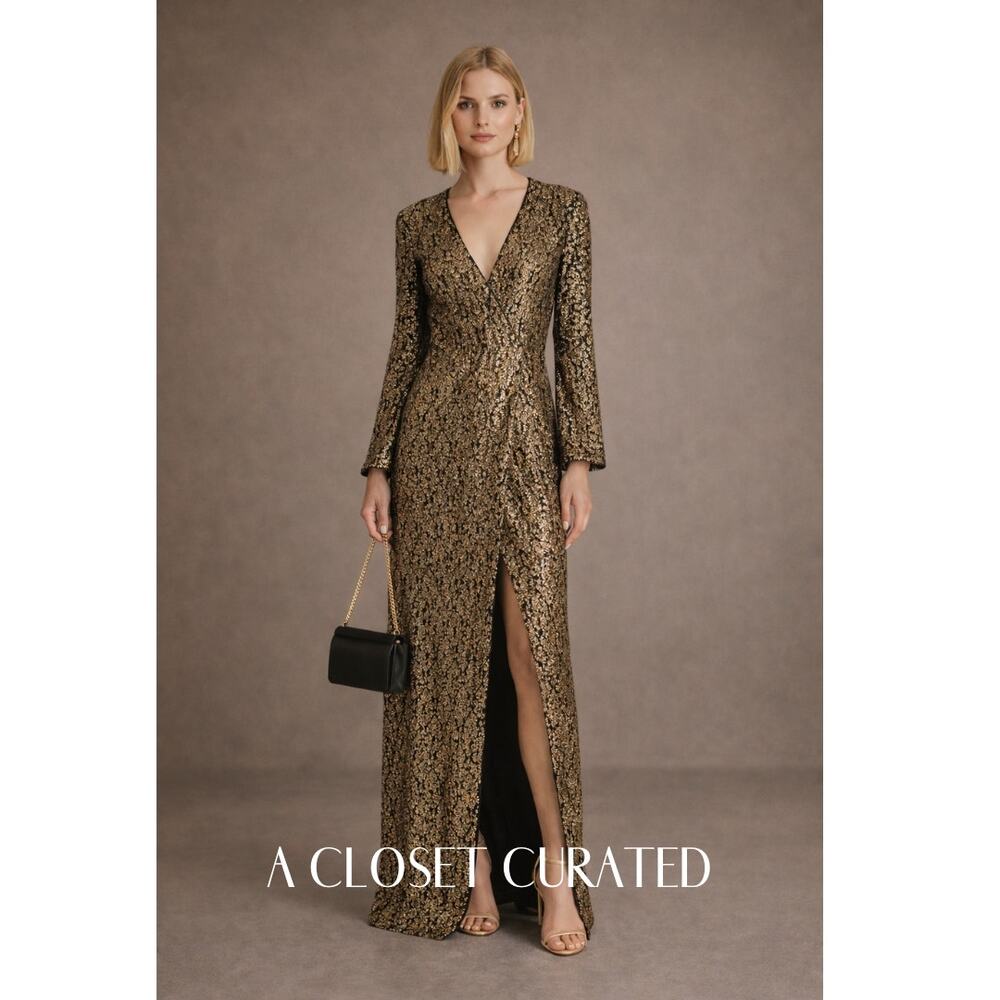 PINKO Sequin Wrap Maxi Gown Small Gold